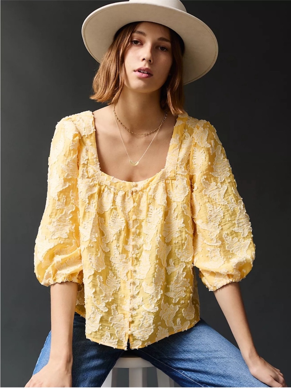 Anthropologie Yvonne Textured Button-down Yellow &  Cream Size S